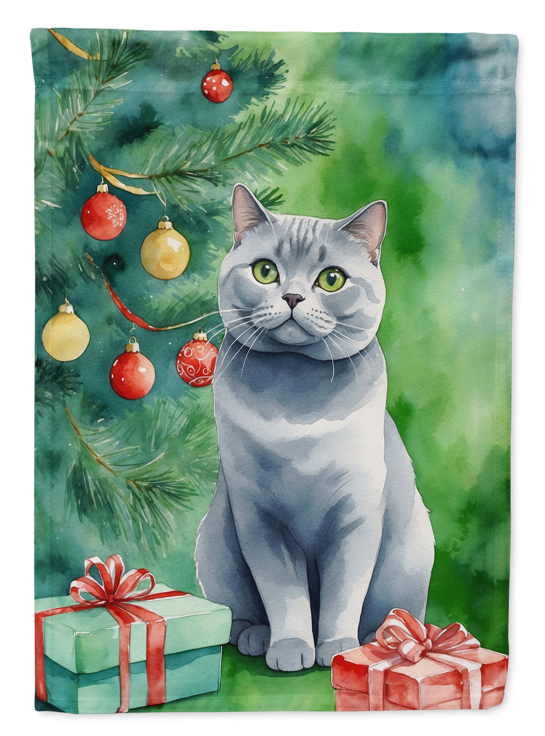 British Shorthair Cat By the Christmas Tree Garden Flag