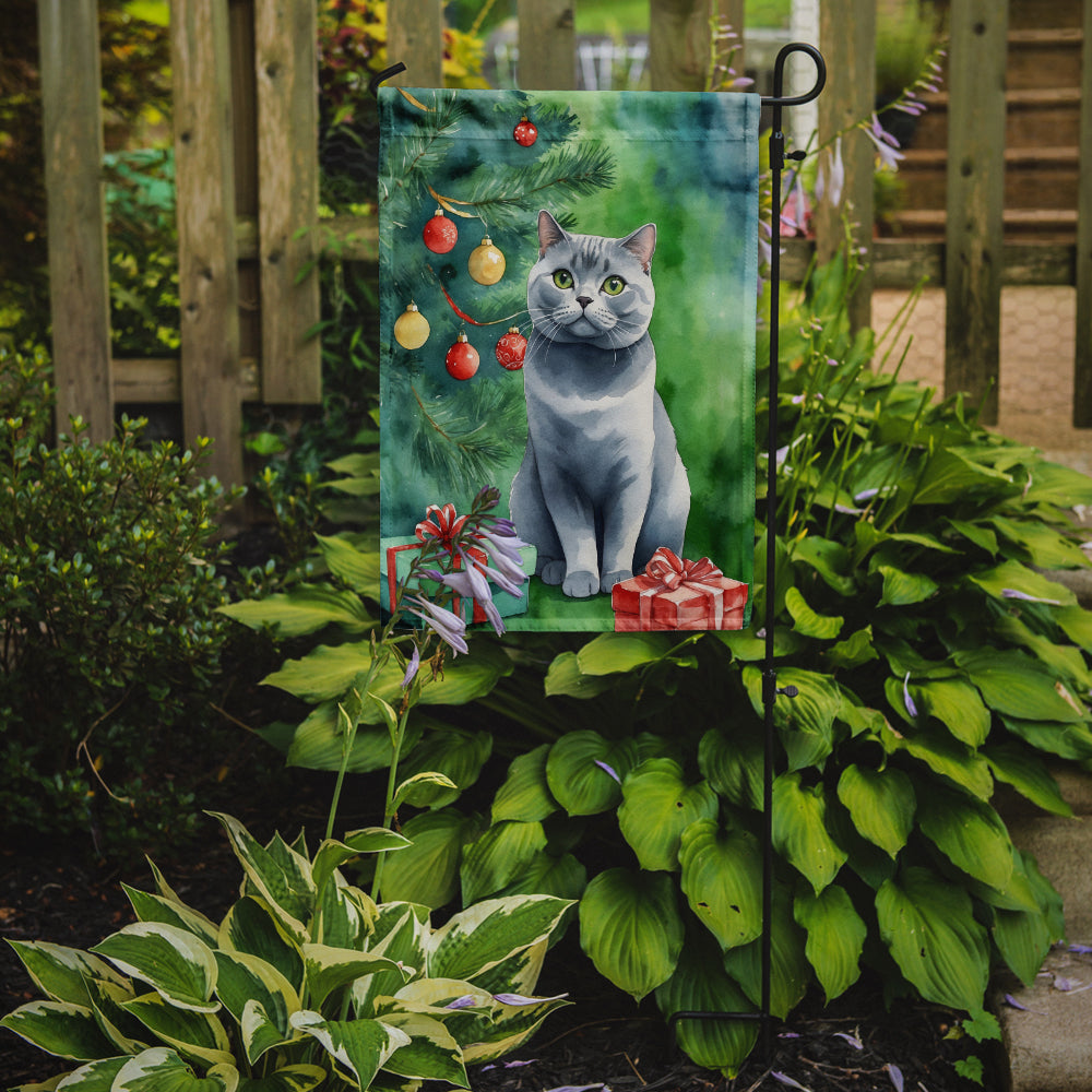 British Shorthair Cat By the Christmas Tree Garden Flag