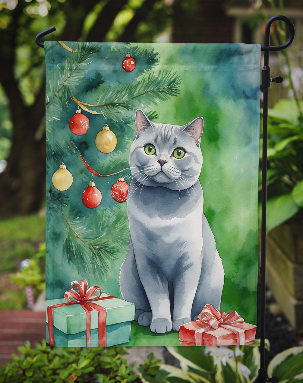 British Shorthair Cat By the Christmas Tree Garden Flag